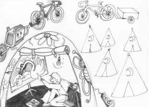 Samet Aksuoğlu'nun Kinosiklet için çizdiği ilk taslak çizim. Çizimde Kızılay çadırları, römorklu bisikletler ve çiçek böcek resimleriyle örtülü deprem çadırında neşeyle film seyreden çocuklar resmedilmiş.