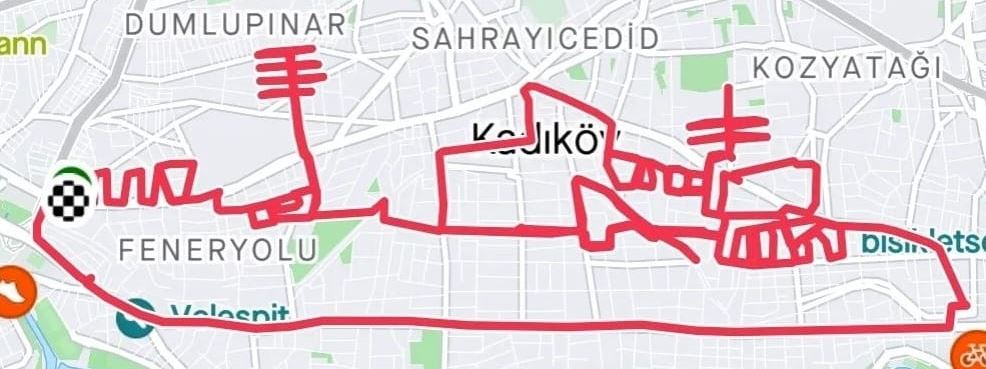 Rota kayıt uygulaması ile Caddebostan bölgesinde bisiklet sürülerek çizilen Bandırma vapuru çizimi.